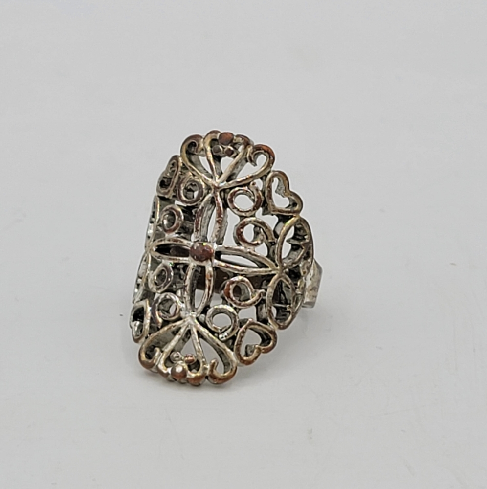 Silver-Tone Filigree Cocktail Ring with Cross & Hearts Design, Size 8 Vintage
